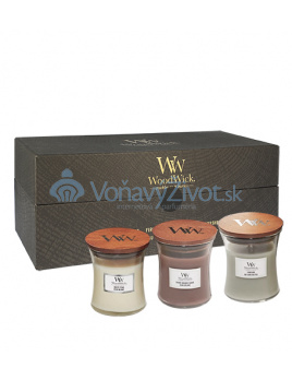 Woodwick Fireside, White Teak, Stone Washed Suede dárková sada 3 x 85 g