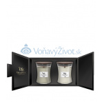 Woodwick Fireside, Linen dárková sada vonná svíčka s dřevěným knotem 2 x 275 g